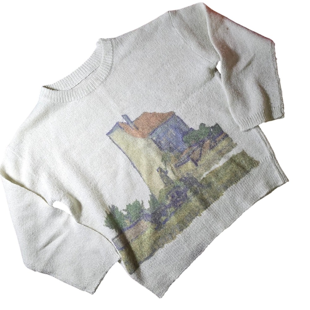 S lightweight sweater knit with landscape print in green and natural tones layer